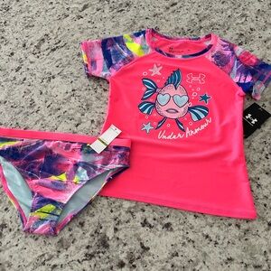 NWT Under Armour Girls’ Vibrant Pink and Blue Swim Rashguard Set, girls size 14